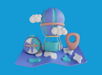 3D illustration map compass and hot air balloon@Wakhidafandi43