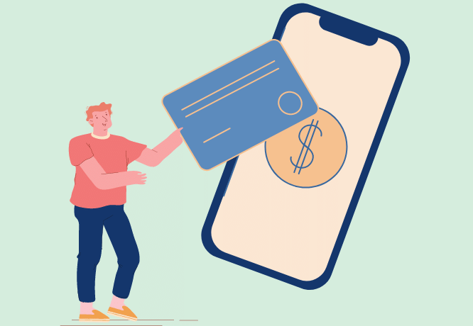 Noncontact Payment Concept. Man Buyer Character Hold Huge Credit Card Stand near Smartphone with Dollar Sign in Supermarket. Purchases in Internet with Mobile Phone Paying. Cartoon Vector Illustration@lemono