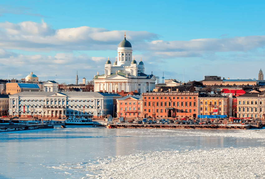 Helsinki cityscape with Helsinki Cathedral in winter, Finland