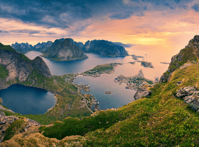 View from Reinebringen at Lofoten Islands, located in Norway, during summer sunrise.