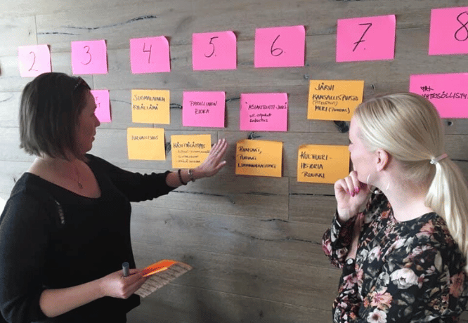 Matkailuasiantuntija Suvi Ahola asiakkaan kansssa workshopissa. 