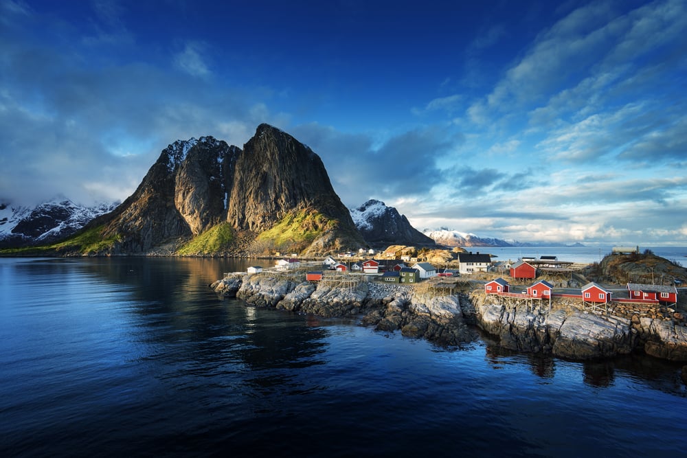 Fishing hut at spring sunset - Reine, Lofoten islands, Norway-1