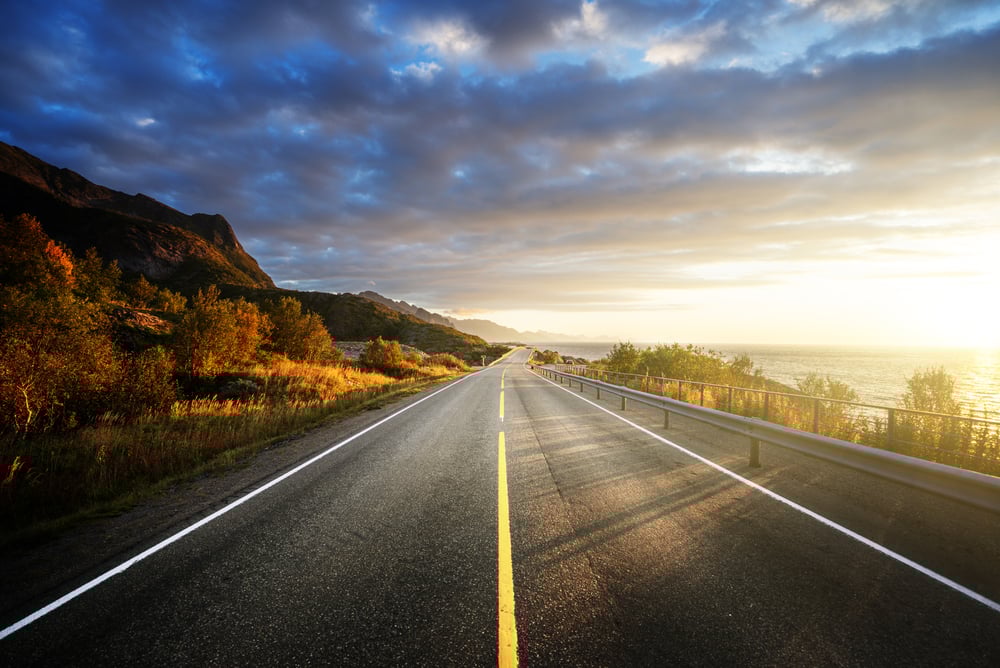 road by the sea in sunrise time,  Lofoten island, Norway-1